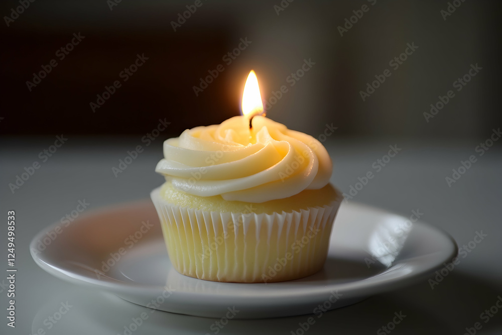 Small candle flame glowing on a creamy white cupcake, minimalist celebration Small candle flame glowing on a creamy white cupcake, minimalist celebration