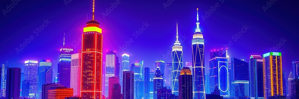 Obraz premium Electric Cityscape: A Symphony of Neon Lights and Soaring Towers