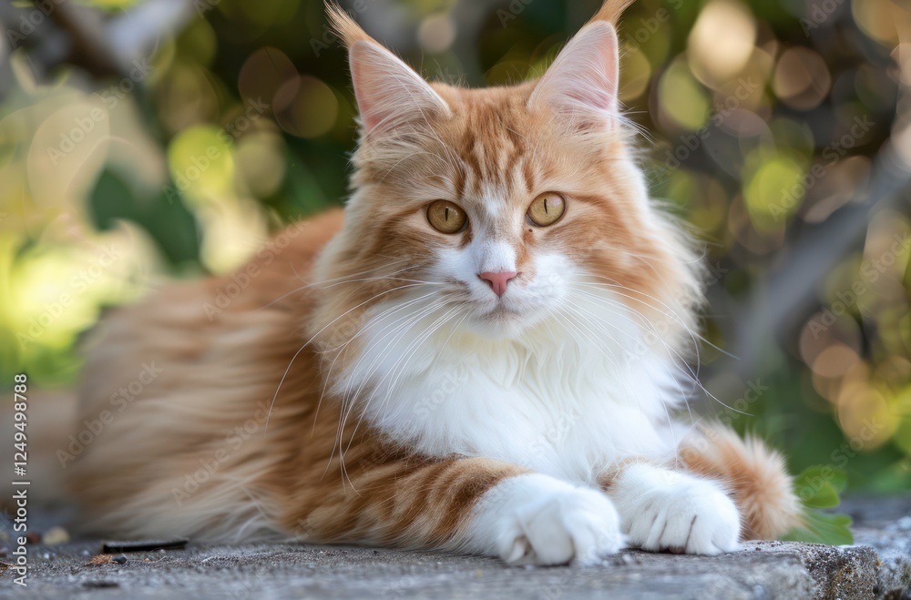 Fototapeta premium Cute fluffy red and white young cat relaxation mammal pet