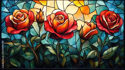 Fototapeta Naklejka Na Ścianę i Meble -  Stained glass roses sunset window art