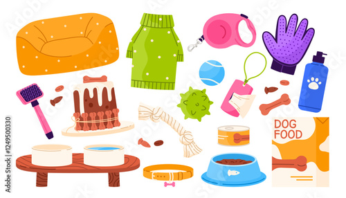 Set of different dog equipment, accessories. Pet shop goods for care, feeding, grooming and leisure. Flat vector illustration in cartoon style. Isolated white background