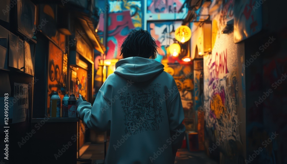 Person in a hoodie walking down a graffiti filled alley