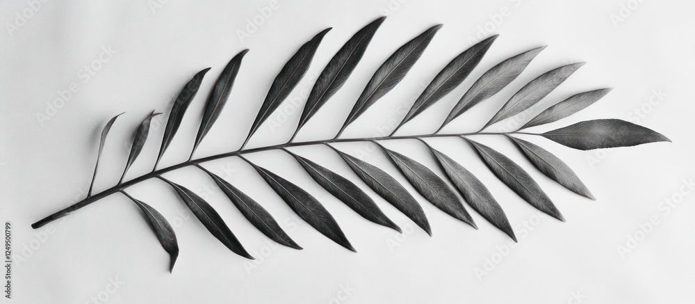Fototapeta premium Single dark-grey leaf branch on white.