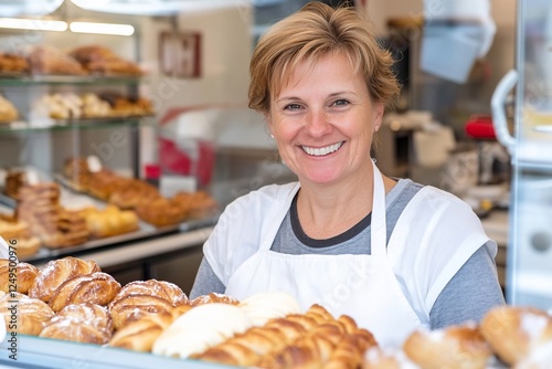 Woman baker smiles behind pastry display photo