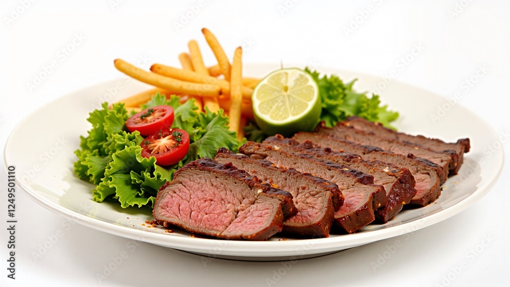 Sliced Grilled Steak with French Fries and Salad on a White Plate Sliced Grilled Steak with French Fries and Salad on a White Plate