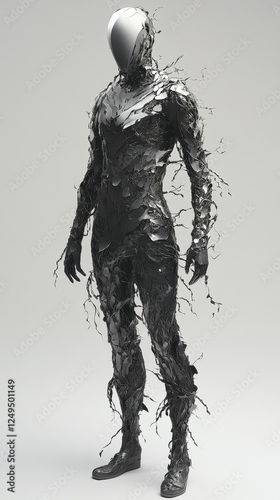 Fototapeta premium Anthropomorphic figure covered in dark textured material with smooth head