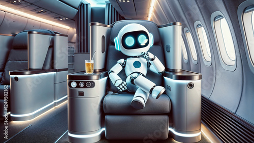 A robot sitting in first class on an airplane