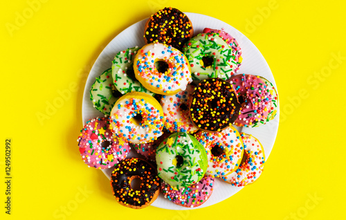 Colorful donuts on a white plate on yellow background
