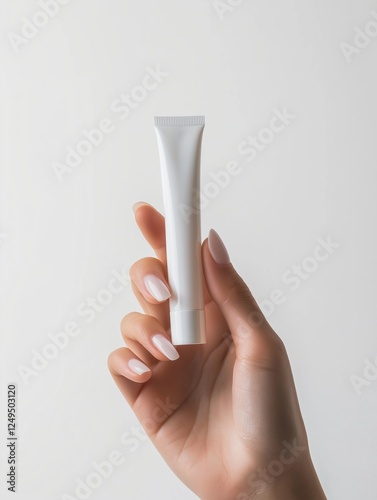 One hand holding a tiny tube of cosmetic