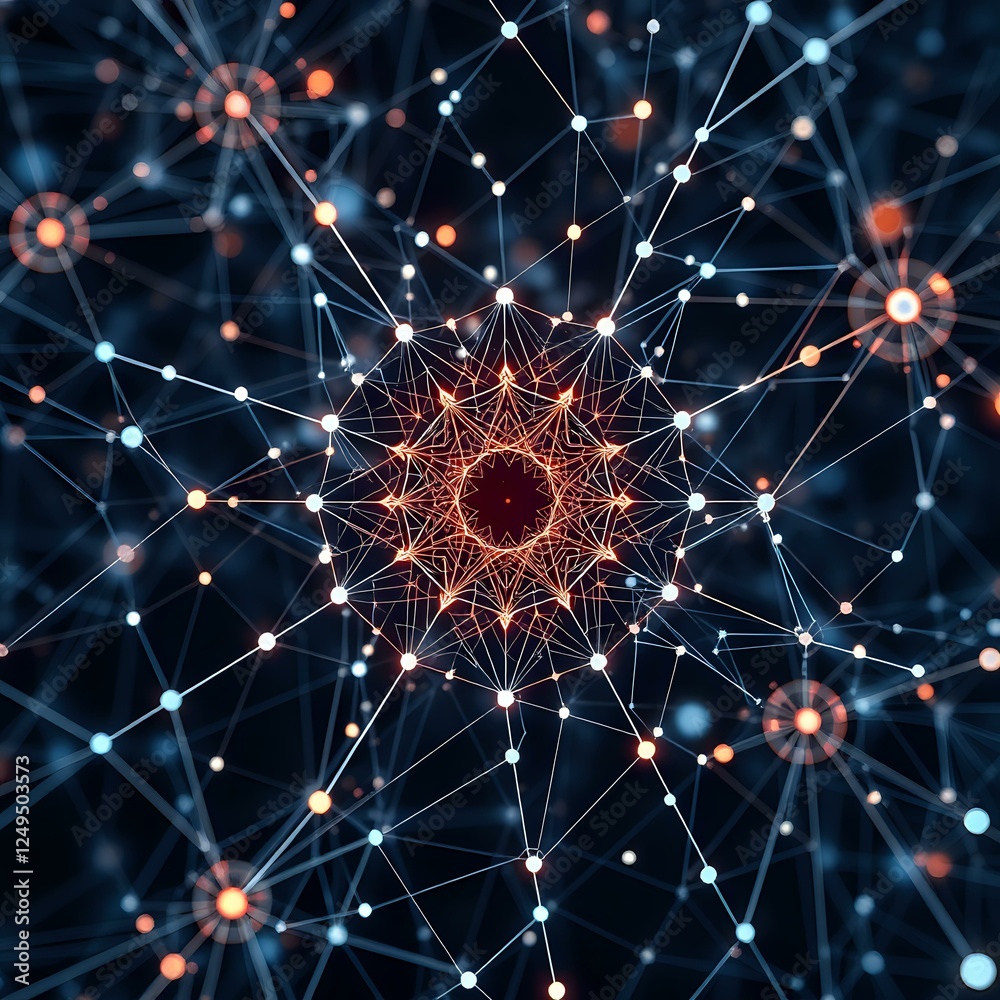 Obraz premium Abstract Starburst Design: Intricate Network Patterns Symbolizing Advanced Technology and Intelligent Evolution