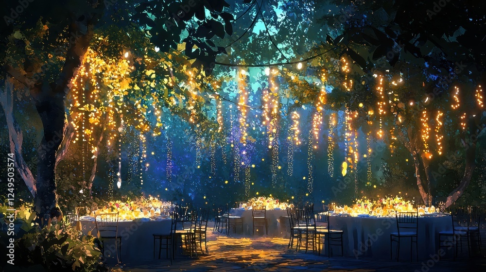 Naklejka premium Pixellated outdoor reception area with string lights, tables and decorations.