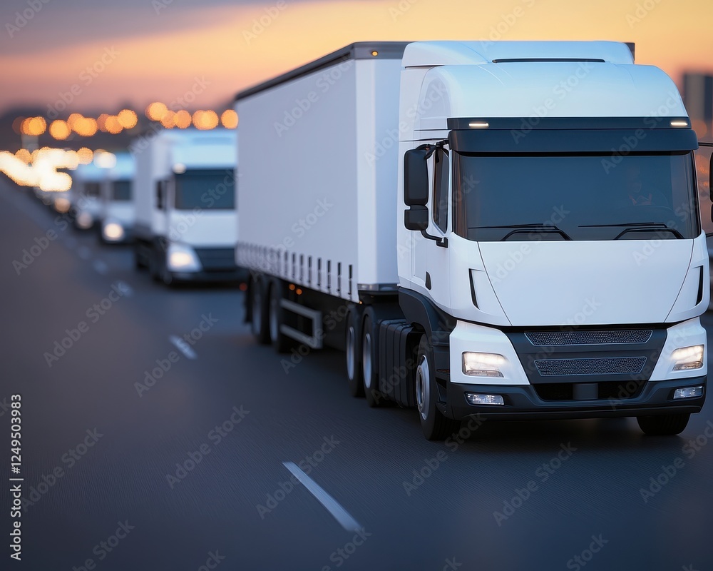 A fleet of white trucks traveling down a highway at dusk, showcasing the efficiency of modern logistics. A fleet of white trucks traveling down a highway at dusk, showcasing the efficiency of modern logistics.