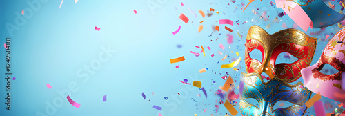 A festive image of elegant carnival masks with vibrant confetti flying in the air, symbolizing celebration and joy.