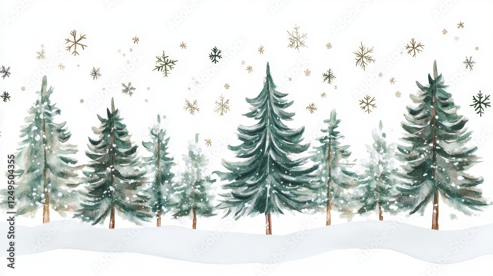 Fototapeta premium Captivating snowfall scene snowy woods watercolor illustration winter wonderland eye-level view serene nature