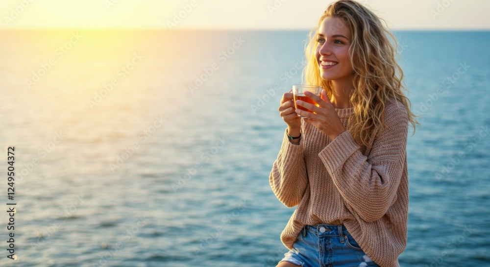 Young woman enjoying a sunset by the sea, sipping a drink while smiling, with gentle waves in the background Young woman enjoying a sunset by the sea, sipping a drink while smiling, with gentle waves in the background