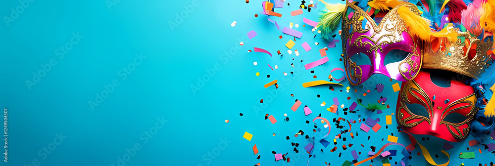 Fototapeta premium A vibrant scene featuring beautifully designed masquerade masks with colorful confetti, representing joy, mystery, and festivity.