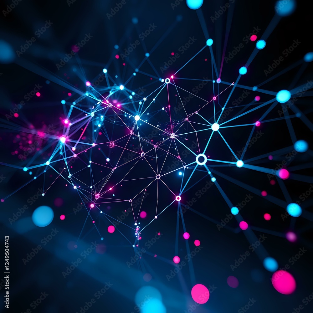 Fototapeta premium Abstract Cyberpunk Neural Network: Intricate Glowing Dots Against Black Background