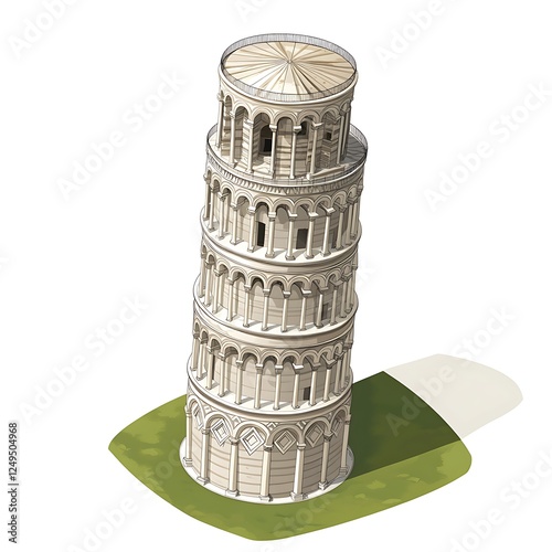 Leaning Tower of Pisa Illustration: A detailed isometric illustration of the iconic Leaning Tower of Pisa, showcasing its architectural details and slight tilt against a simple green base. 