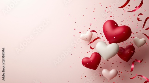 Floating Hearts With Red And White Ribbons On Pink Background