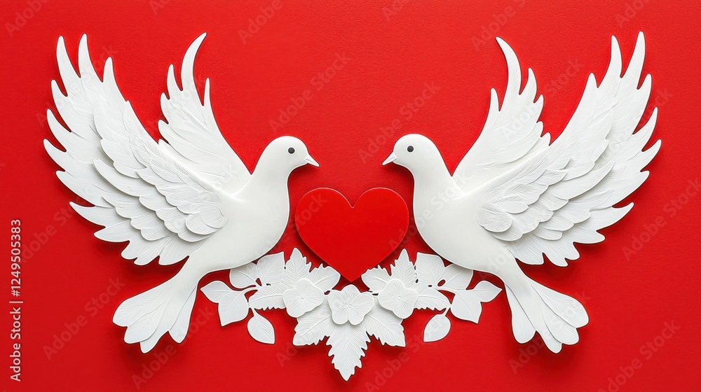 Obraz premium Elegant White Doves with Heart on Bright Red Background Artwork