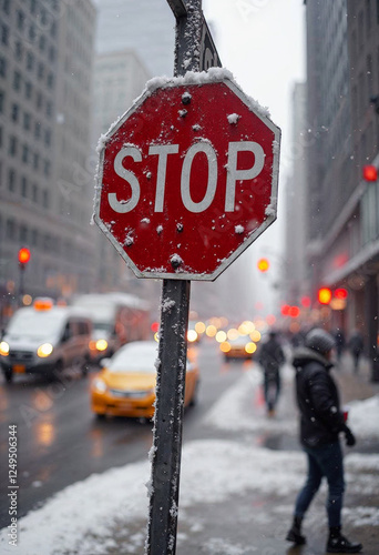 A snow-covered stop sign in a busy, wintry city intersection. photo