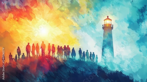 Silhouette of people on hilltop looking at colorful lighthouse, vibrant sunset background