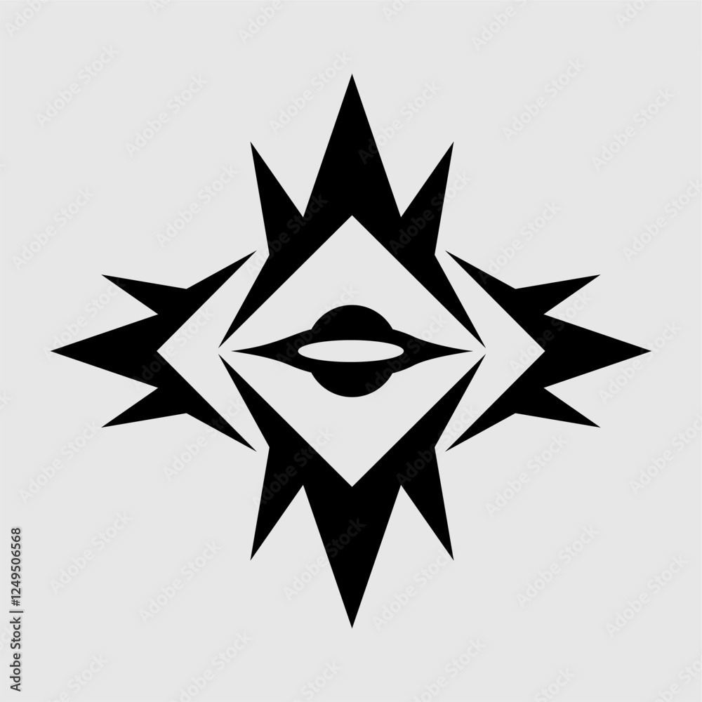 Obraz premium An abstract, geometric, and futuristic emblem with sharp, spiked edges and a central eye-like design. Ideal for technology, sci-fi, gaming, security, and branding applications. Bold digital vector sym