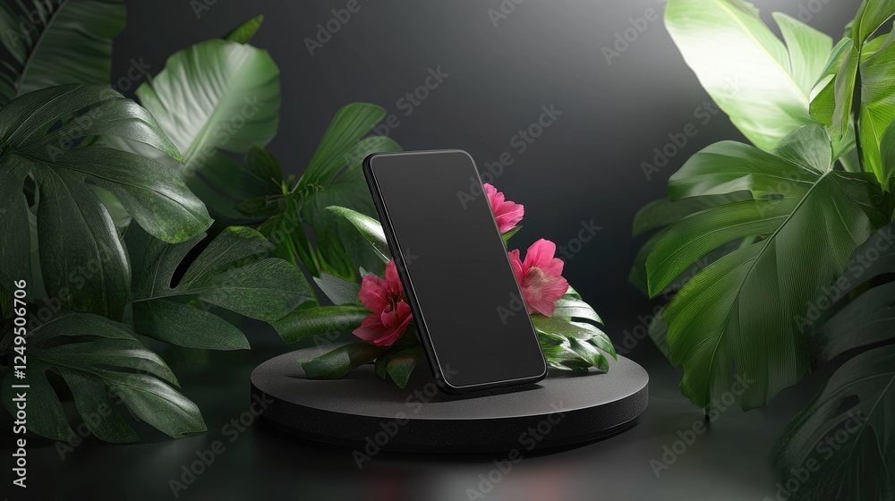 Smartphone Displayed Amidst Lush Green Foliage with Pink Accents in Modern Minimalist Setting