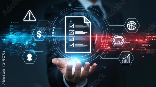 A futuristic digital interface with a holographic checklist held by a hand, symbolizing technology, security, and data analysis in the modern digital world.