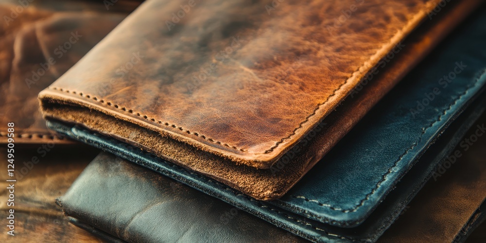 A stack of elegant leather wallets displaying handcrafted stitching A stack of elegant leather wallets displaying handcrafted stitching