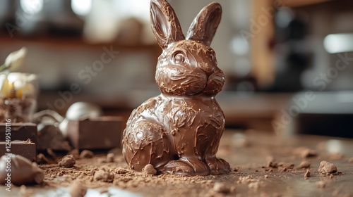 Chocolate bunny on a table dusted with cocoa powder for an irresistibly sweet and delightful springtime treat. photo