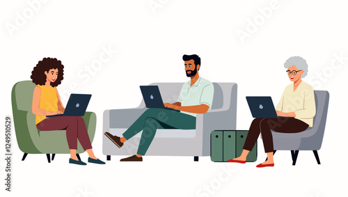 Set of different people working on laptop, using phone, sitting on armchair, sofa. Freelance, Online, distant, remote, hybrid work, learning concept. Vector illustrations on white background.