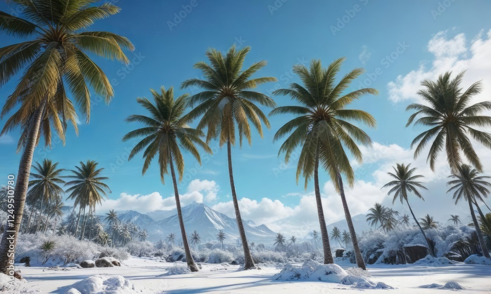 Palm trees dusted with snow against a blue sky in Tahiti, weather, palm trees, anomaly, tropical, Tahiti Palm trees dusted with snow against a blue sky in Tahiti, weather, palm trees, anomaly, tropical, Tahiti