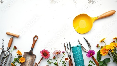 Vintage Gardening Tools on Textured Backdrop for Online Shops photo