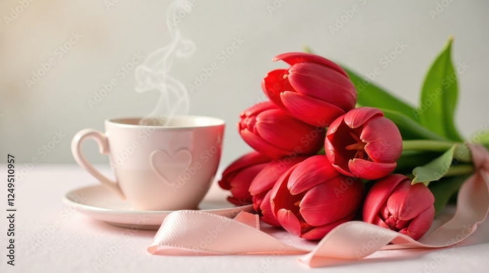 Aromatic Coffee Beside a Delicate Bouquet of Crimson Tulips and a Pastel Pink Ribbon on a Soft Surface Aromatic Coffee Beside a Delicate Bouquet of Crimson Tulips and a Pastel Pink Ribbon on a Soft Surface