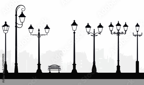 Vintage Streetlights Silhouettes Set in Minimalist Flat Vector Style for Graphic Design