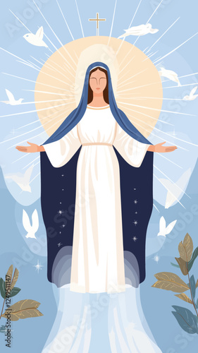 Assumption of Mary Vector Illustration: Holy Blessed Virgin in Minimalist Style