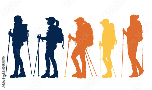Minimalist Silhouettes of Trekking Woman in Motion with Backpack and Hiking Poles