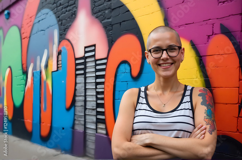 A woman with a shaved head and glasses, posing with a confident smile against a colorful urban mural, her arms crossed and radiating self-assurance