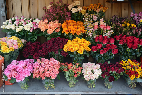 Wallpaper Mural Vibrant Generative AI Floral Display Featuring Roses, Ranunculus, and Seasonal Flowers at a Flower Market Torontodigital.ca