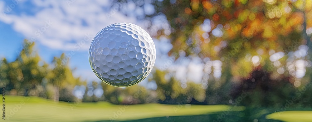 A white golf ball is in the air, surrounded by trees and grass A white golf ball is in the air, surrounded by trees and grass