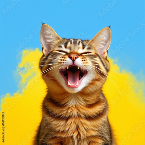 A Funny, Happy Cat Laughing Isolated on Yellow Background with Copy Space for Text