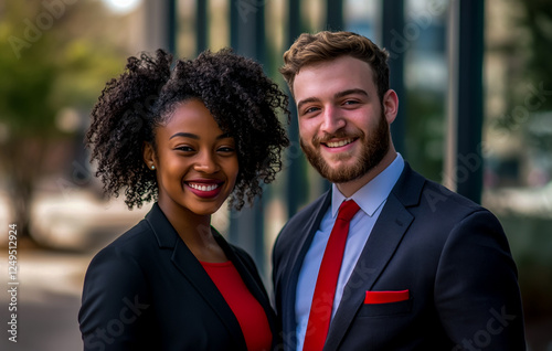 A portrait of two young business people smiling, one is an African American woman with curly hair wearing professional attire