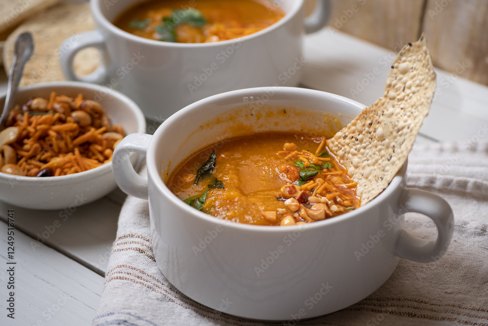 Vegan pumkin and spice soup garnished with peanuts and crackers on white wooden table Vegan pumkin and spice soup garnished with peanuts and crackers on white wooden table