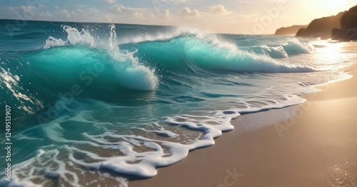 Radiant turquoise sea foam caressing the shore, wave effect, radiant light, colorful beach