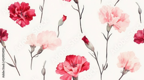 Pink And Red Flowers Floral Design Pattern On White Background. Pattern Design For Wallpaper.  Soft Flowers Floral Print.  Spring Flowers Pattern. Elegant Flowers Floral Art. Botanical Illustration