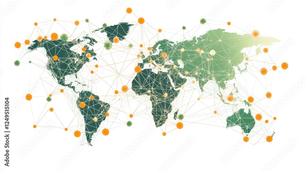 Obraz premium Connecting digital nodes in a global network map visualizing connectivity across continents
