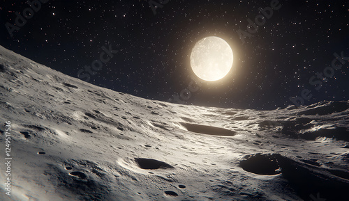 Majestic Full Moon Shining Over the Rugged Lunar Surface at Night

