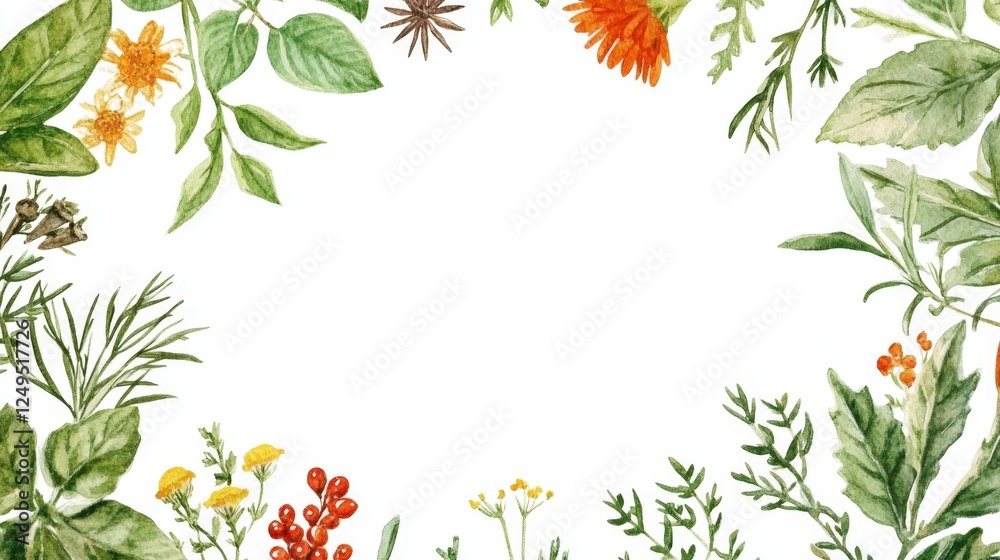 Create a handdrawn watercolor wreath of herbs and spices home art illustration natural setting artistic perspective botanical design