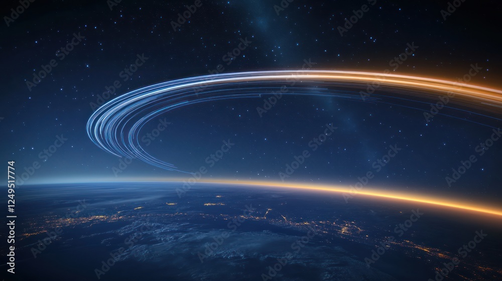 Fototapeta premium A communication satellite transmitting signals while circling Earth